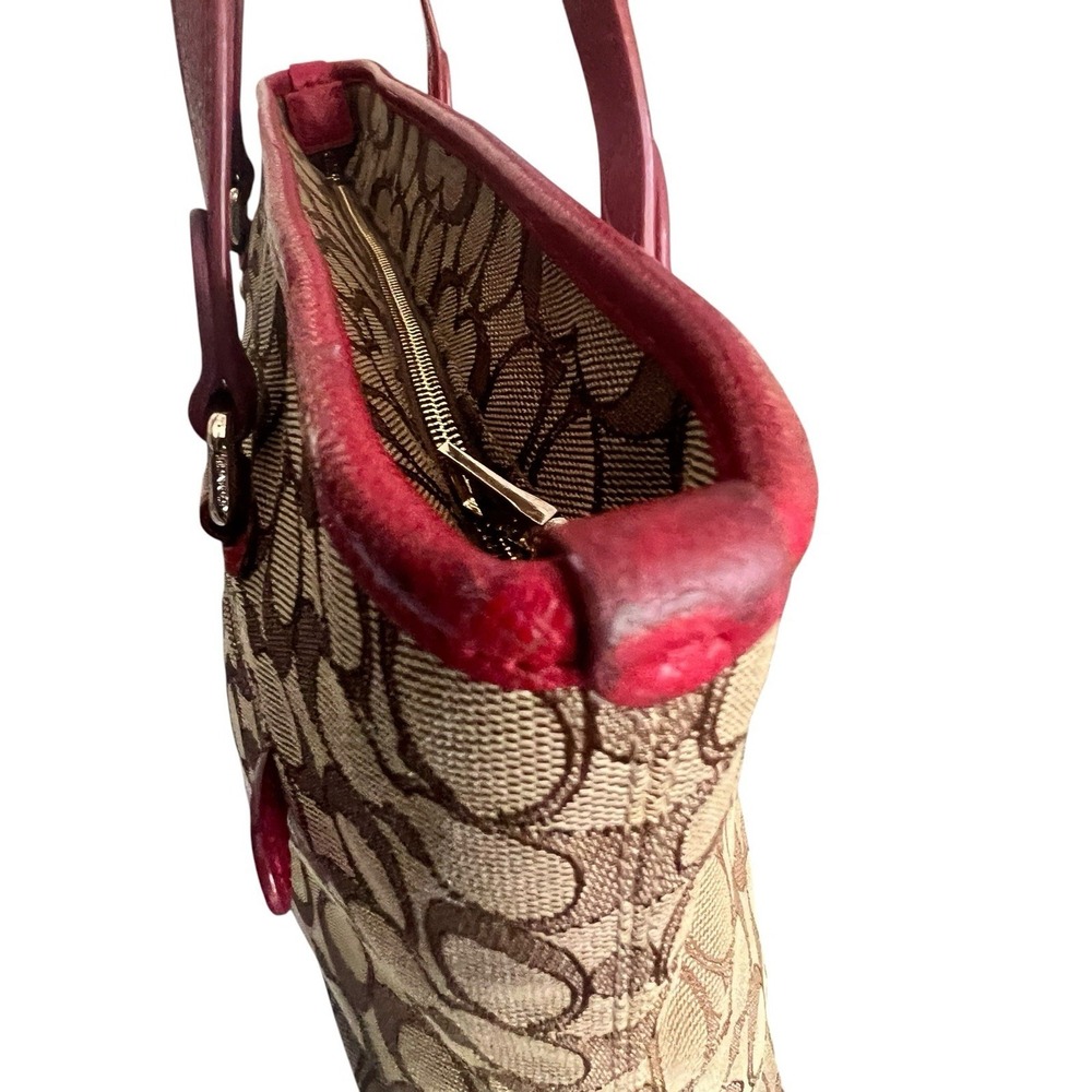Coach Signature Coated Canvas and Red Leather Trim Purse Tote Gold Hardware - Picture 5 of 16